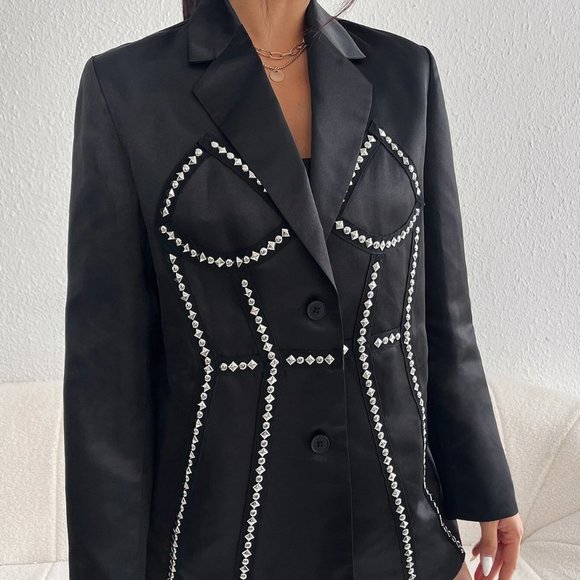 Trendy Contemporary Studded Detail Dual Pocket Satin Blazer Black - Picture 3 of 5